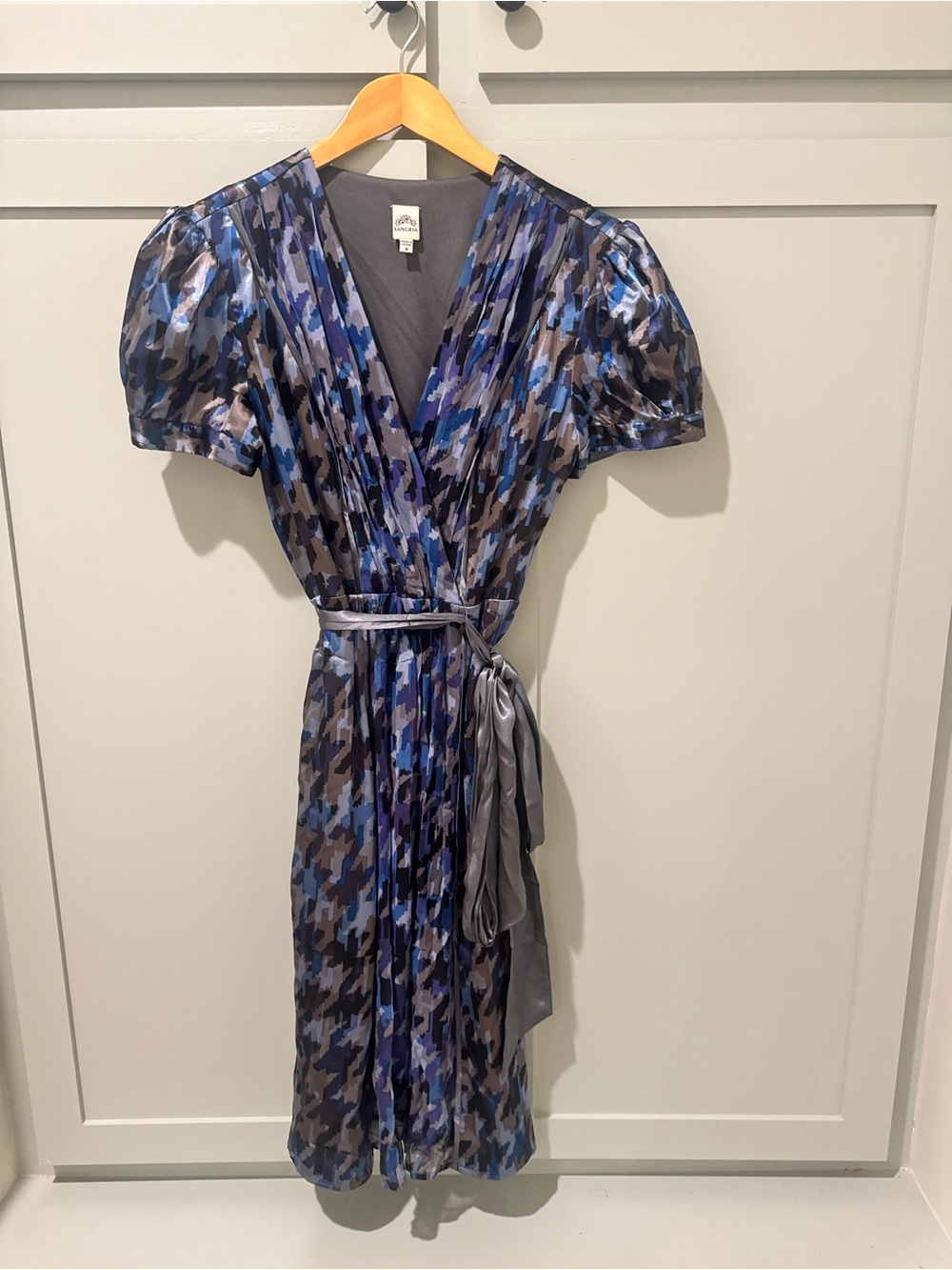 Silk-Blend Blue Houndstooth Wrap Dress with Sash